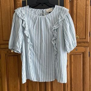 Universal Thread Casual Striped Short Baloon Sleeve Cotton Top with Ruffles